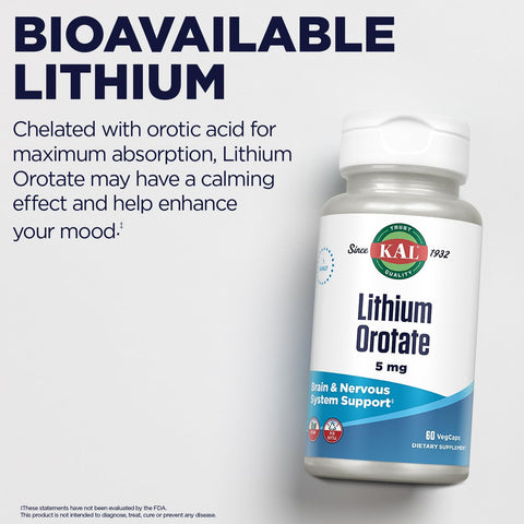 KAL Lithium Orotate 5mg Brain & Cognitive Mineral Mood Support in Organic Rice Bran Extract Base 60 VegCaps
