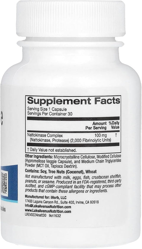 Lake Avenue Nutrition Nattokinase Proteolytic Enzyme Gut Health 2,000 FUs 30 Veggie Caps