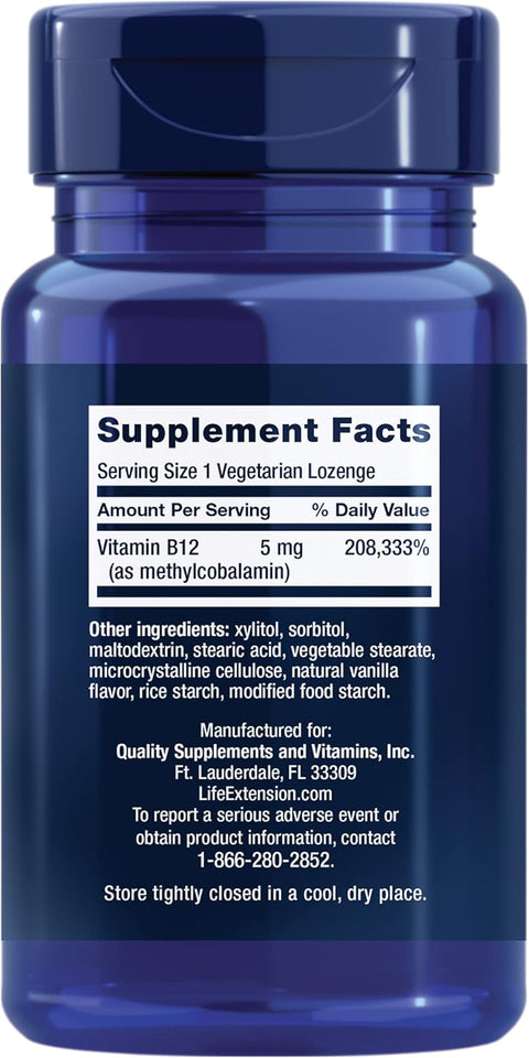Life Extension Vitamin B12 Bioactive Methylcobalamin Nerve Health Cognitive 5 mg Quick-Dissolving 60 lozenges