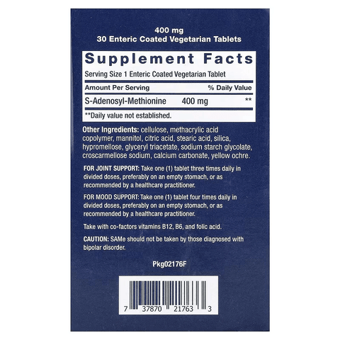Life Extension Same S-Adenosyl-Methionine 400 mg Brain & Cognitive Mood Health Liver Health and Joint Support 30 Tablet