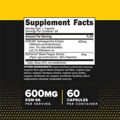 Primaforce KSM66 Ashwagandha Root Extract 600mg 60 Veggie Capsules - 5% Withanolides with BioPerine