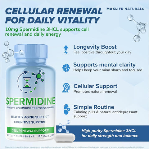 Maxlife Naturals Pure Spermidine with Trihydrochloride Brain Cell Repair Anti Aging 3HCL 10mg - 120 Caps