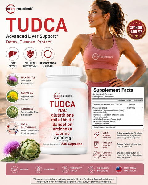 Micro Ingredients TUDCA Bile Salts 7-in-1 Complex with NAC Milk Thistle Glutathione Dandelion & Artichoke 2,000mg 240 Caps - Supplementhane