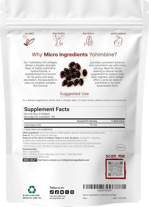 Micro Ingredients Double Strength Yohimbine 10 Mg 300 Softgels