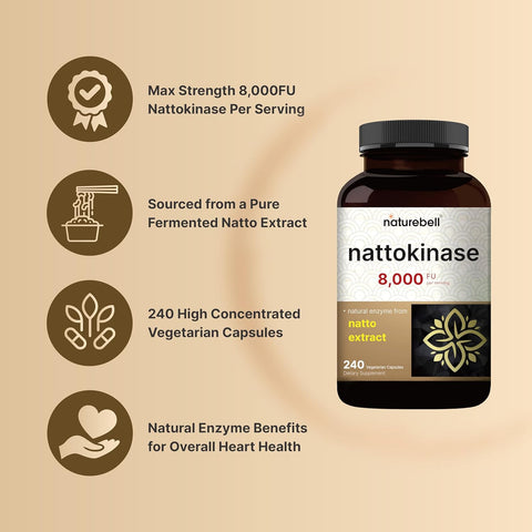 NatureBell Nattokinase 8,000 FU Per Serving 240 Veggie Capsules Traditional Natto Extract Source – Max Strength Enzyme & Heart Health Support