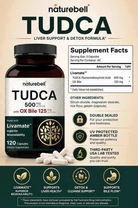 Naturebell TUDCA 500mg with OX Bile 125mg Liver Cleanse Detox & Repair 120 Caps - Supplementhane
