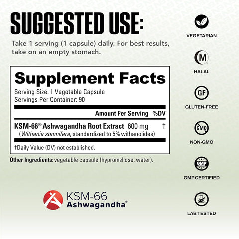 NutraBio Ashwagandha KSM66 Herbal for Stress Mood & Performance 600 MG 90 Caps