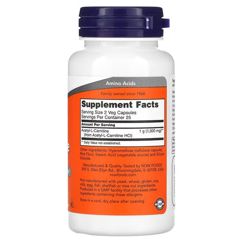 NOW Foods Acetyl-L Carnitine 500 mg Amino Acid Brain And Nerve Cell Function 50 Veg Capsules