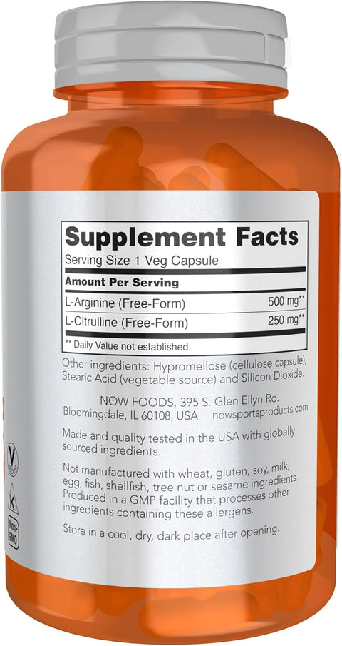 NOW Sports Nutrition Arginine & Citrulline 500 mg 250 mg Amino Acids 120 Veg Caps