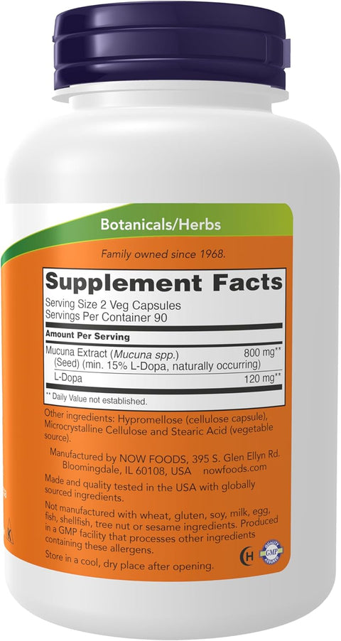 NOW Foods DOPA Mucuna Standardized Mucuna Extract with Naturally Occurring 15% L-Dopa, 180 Veg Caps