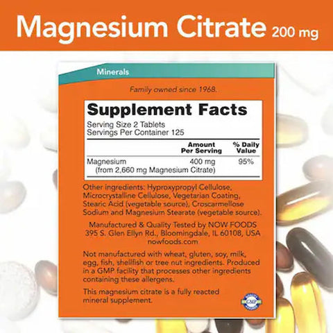 NOW Foods, Magnesium(Magnezyum) Citrate 200 mg, 250 Tablets