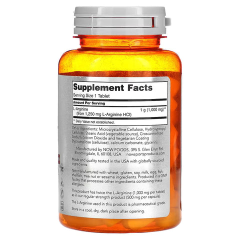 NOW Foods Double Strenght L-Arginine Nitric oxide Amino Acids 1,000 mg 60 Tablet