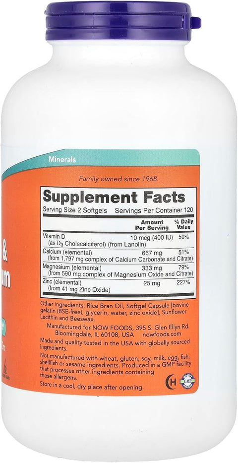 NOW Foods Calcium & Magnesium + Zinc + D3 Bone Health 240 Softgels