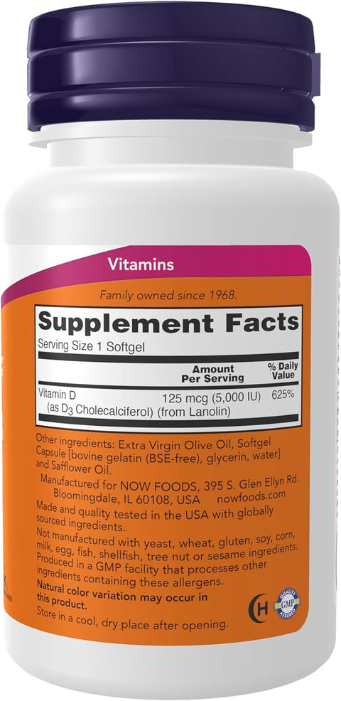 NOW Foods, Vitamin D-3 High Potency, 125 μg (5000 IU) 240 Softgels