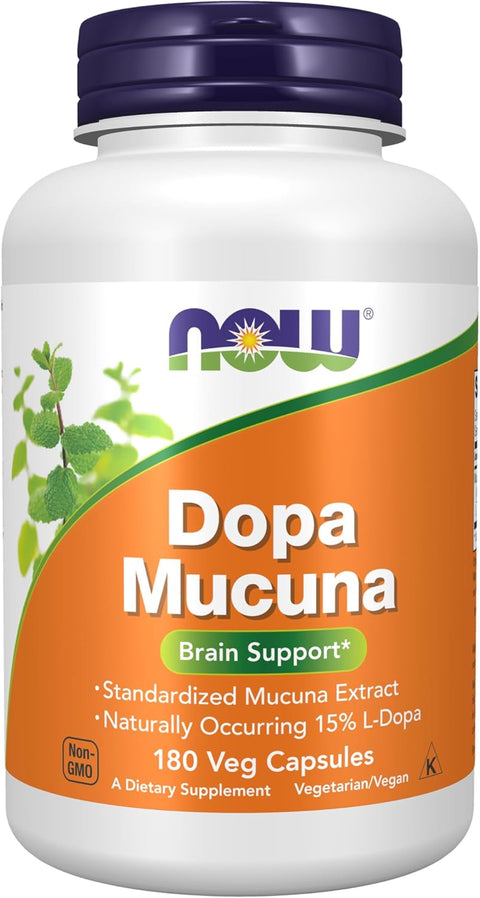 NOW Foods DOPA Mucuna Standardized Mucuna Extract with Naturally Occurring 15% L-Dopa, 180 Veg Caps