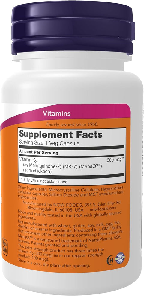 NOW Foods Vitamin K2 MK-7 300 mcg Extra Strength Supports Bone Health 60 Veg Caps