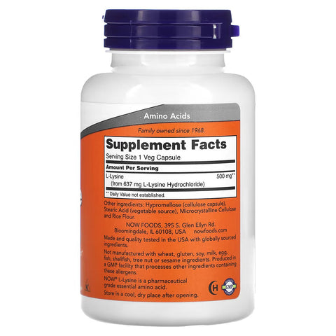 NOW Foods L-Lysine Lizin 500 mg 100 Veg Caps