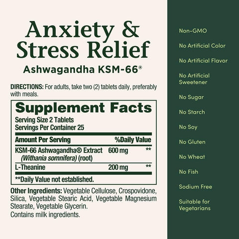 Nature's Bounty, Anxiety &amp; Stress Relief, Ashwagandha KSM66 50 Tablets