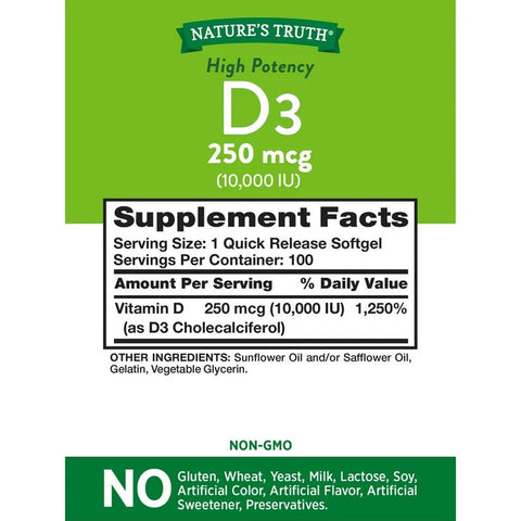 Natures Truth, Vitamin D3 High Potency, 250 mcg (10,000 IU), 100 Quick Release Softgels