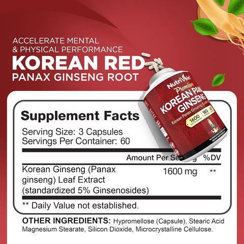 Nutrivein Korean Red Panax Ginseng Boost Energy, Mental Focus & Immune Health 1600mg 180 Caps