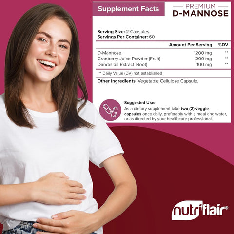 NutriFlair D-Mannose 1500mg with Cranberry and Dandelion Urinary Tract Health Detox Body 120 Caps