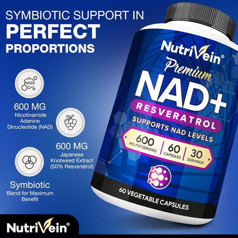 Nutrivein Premium NAD + Resveratrol 600 mg Aging Cognition Metabolism Overall Well-Being 60 Caps