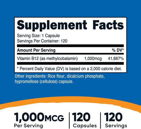 Nutricost Vitamin B12 Methylcobalamin 1000mcg 120 Caps