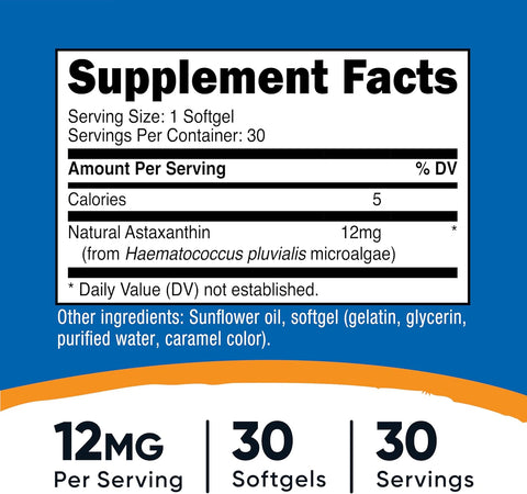 Nutricost Astaxanthin Antioxidants 12 mg 30 Softgels