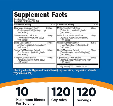 Nutricost Mushroom Complex 120 Caps 10 Mushroom Blend Reishi, Maitake, Shiitake, Lion's Mane