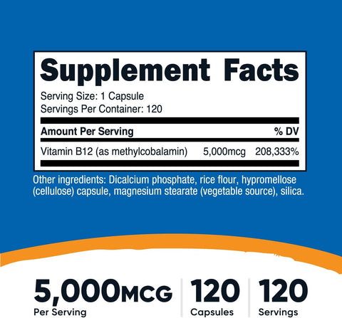 Nutricost Vitamin B12 Methylcobalamin 5000mcg 120 Vegetarian Caps