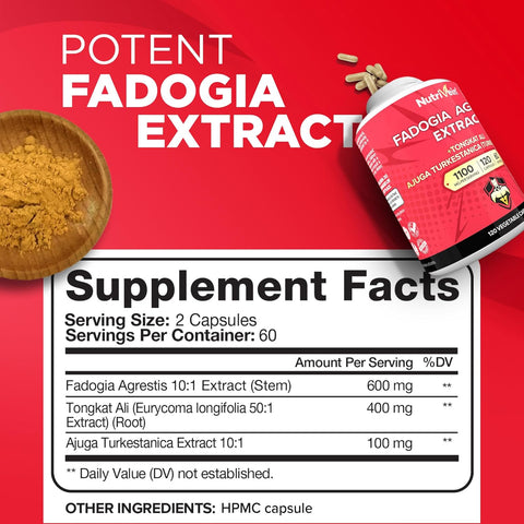 Nutrivein Premium Fadogia Agrestis and Tongkat Ali with Turkesterone - 1100 mg - 120 Caps Strength, & Recovery for Men & Women