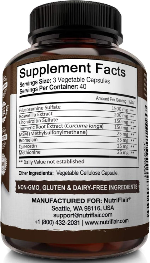 NutriFlair Glucosamine Chondroitin Turmeric MSM Boswellia - Joint Pain Relief 120 Caps