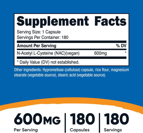 Nutricost N-Acetyl L-Cysteine NAC Antioxidants 600mg 180 Caps