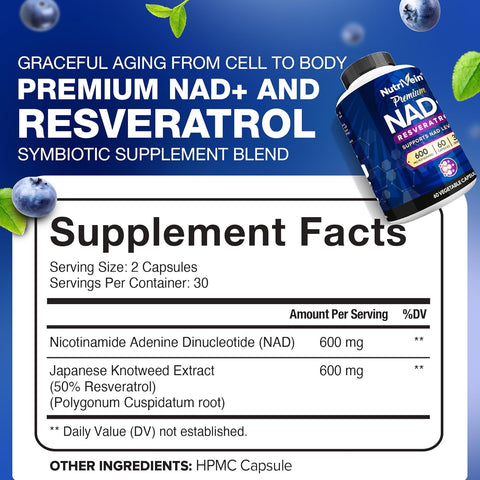 Nutrivein Premium NAD + Resveratrol 600 mg Aging Cognition Metabolism Overall Well-Being 60 Caps