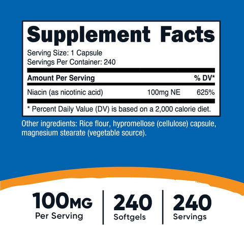 Nutricost Niacin Vitamin B3 100mg 240 Caps with Flushing