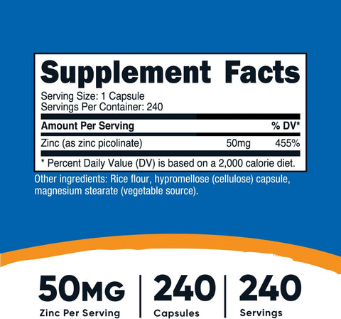 Nutricost Zinc Çinko Picolinate 50mg 240 Vegetarian Caps
