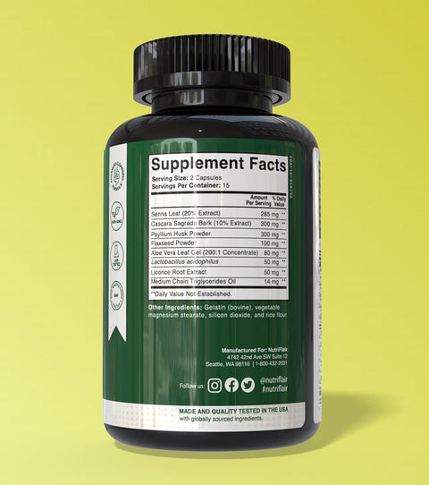 NutriFlair Colon Cleanse 15 Day Gut Detox Cascara Sagrada Senna Leaf Psyllium Husk & Probiotics Lactobacillus – 30 Caps