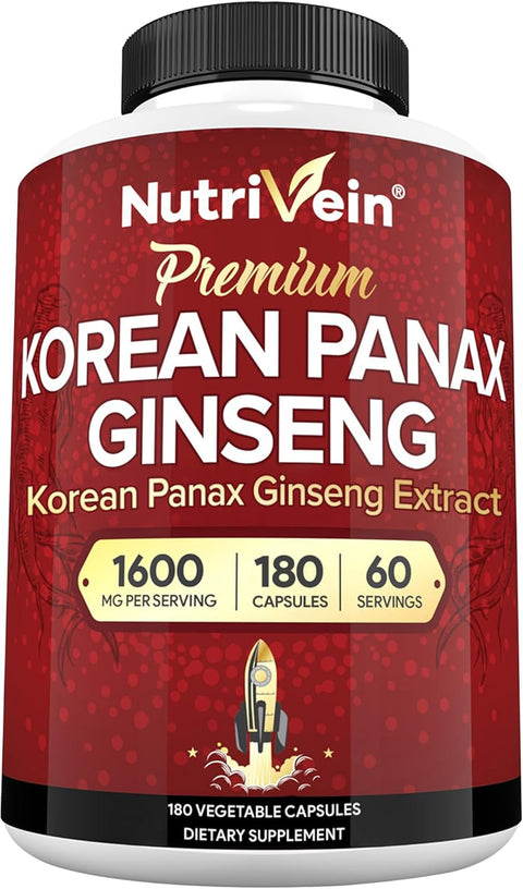 Nutrivein Korean Red Panax Ginseng Boost Energy, Mental Focus & Immune Health 1600mg 180 Caps