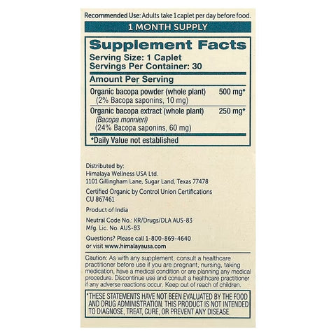 Himalaya Organic Bacopa monnieri Mental Alertness 30 Caplets