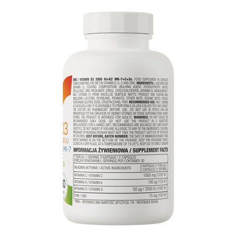 OstroVit Vitamin D3 2000 IU + K2 MK-7 + C Vitamin + Zinc Çinko 60 caps