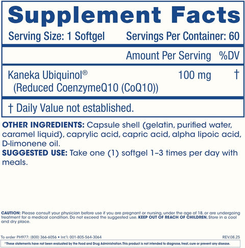 ProHealth Longevity Ubiquinol Kaneka CoQ-10 Antioxidants 100 mg 60 Softgels
