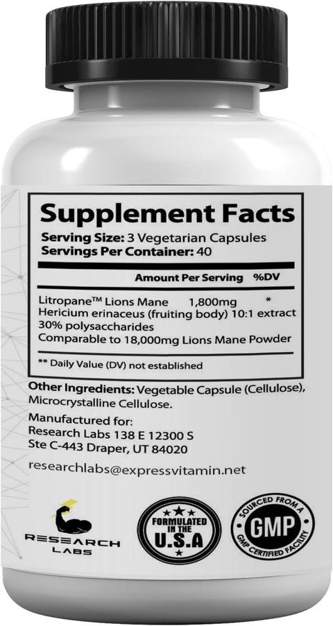 Research Labs Organic Lions Mane Immune System Booster & Nootropic Brain Support Mushroom 120 Caps