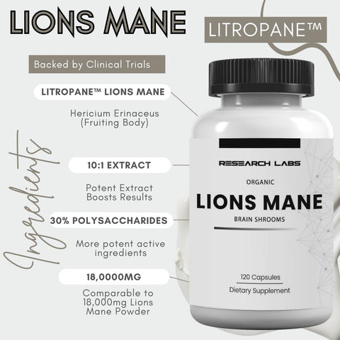 Research Labs Organic Lions Mane Immune System Booster & Nootropic Brain Support Mushroom 120 Caps