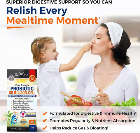 BioSchwartz Probiotic 65 Billion Probiotics with Prebiotic for Women & Men - Lactobacillus Acidophilus Digestive Health 30 Caps