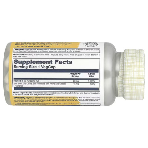 Solaray Bio Zinc 15 mg Zinc Citrate Zinc Picolinate Minerals Complex for Healthy Immune System 100 VegCaps