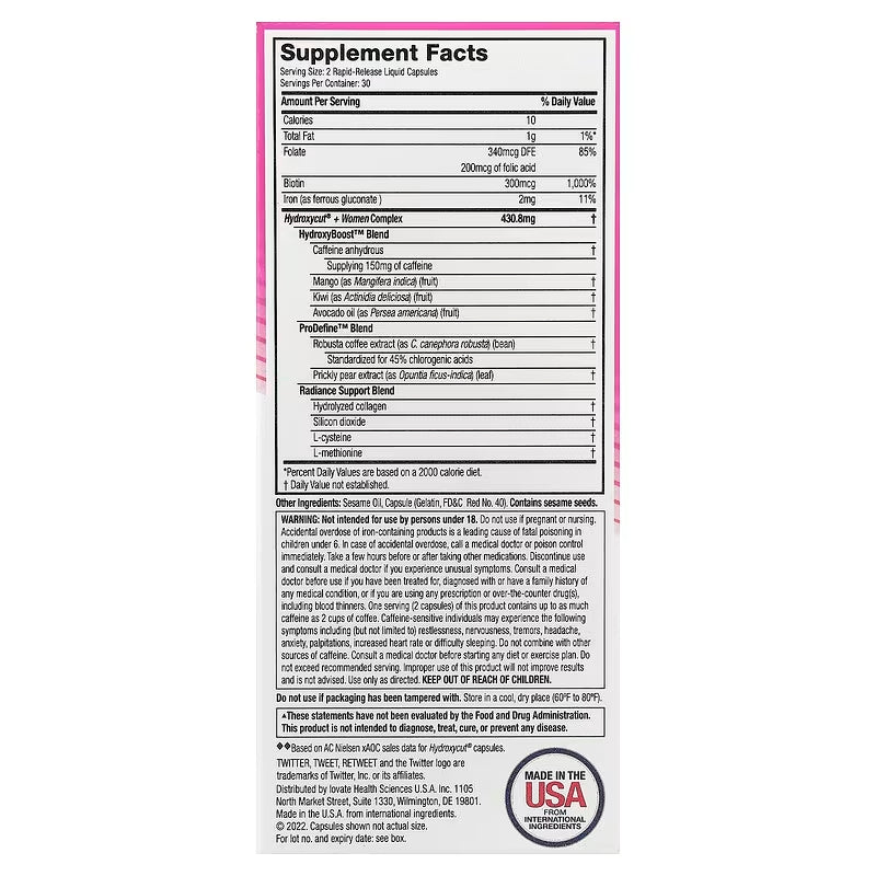 Muscletech Hydroxycut Women Health 60 Rapid-Release Liquid Caps - Includes Biotin Collagen Folate & Iron