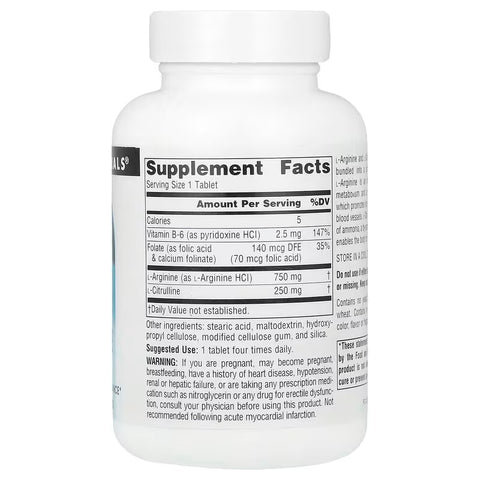 Source Naturals L-Arginine L-Citrulline Nitric Oxide Folate Complex 60 Tablet