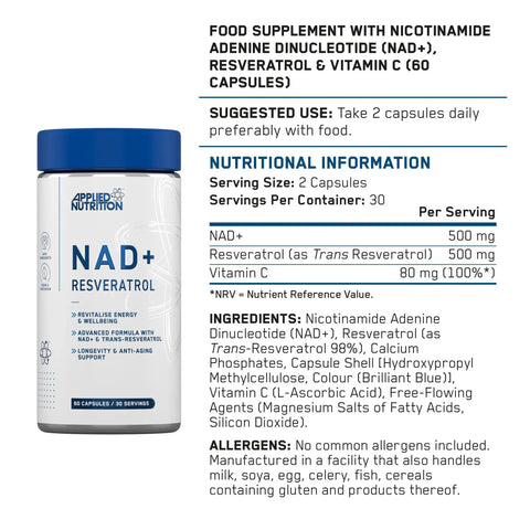 Applied Nutrition NAD+ Trans-Resveratrol Cellular Energy Antioxidant Support & Daily Wellness Formula 60 Caps