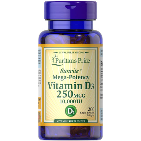 Puritan's Pride Vitamin D3 250 mcg (10000 IU), 200 Softgels