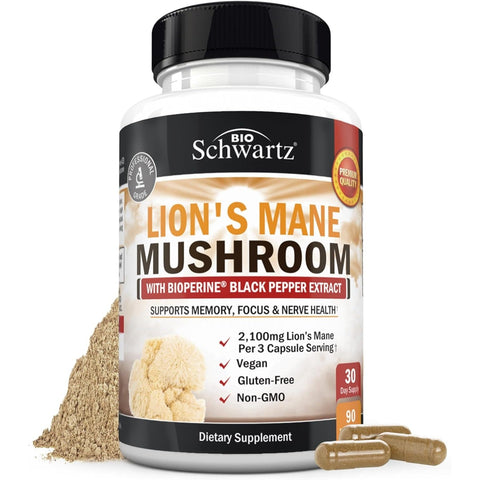 BioSchwartz Organic Lions Mane Mushrooms with BioPerine Nootropic Brain Memory Focus 90 Caps
